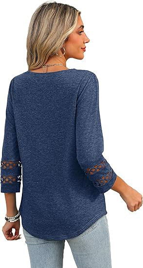 White V-Neck Lace Sleeve Casual Knit Top for Women
