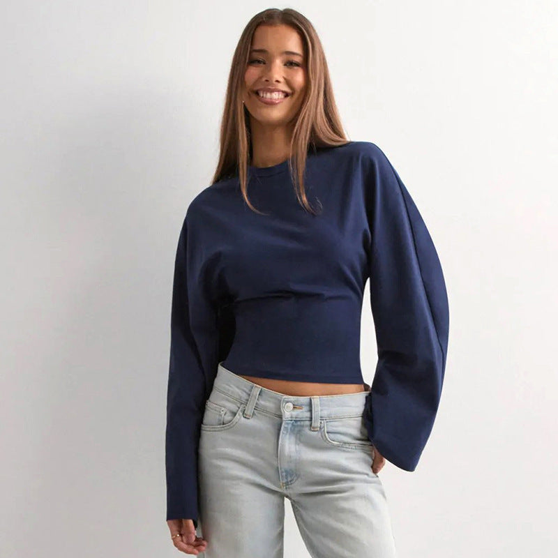Women's Solid Batwing Long Sleeve Cinched Waist Crop Top