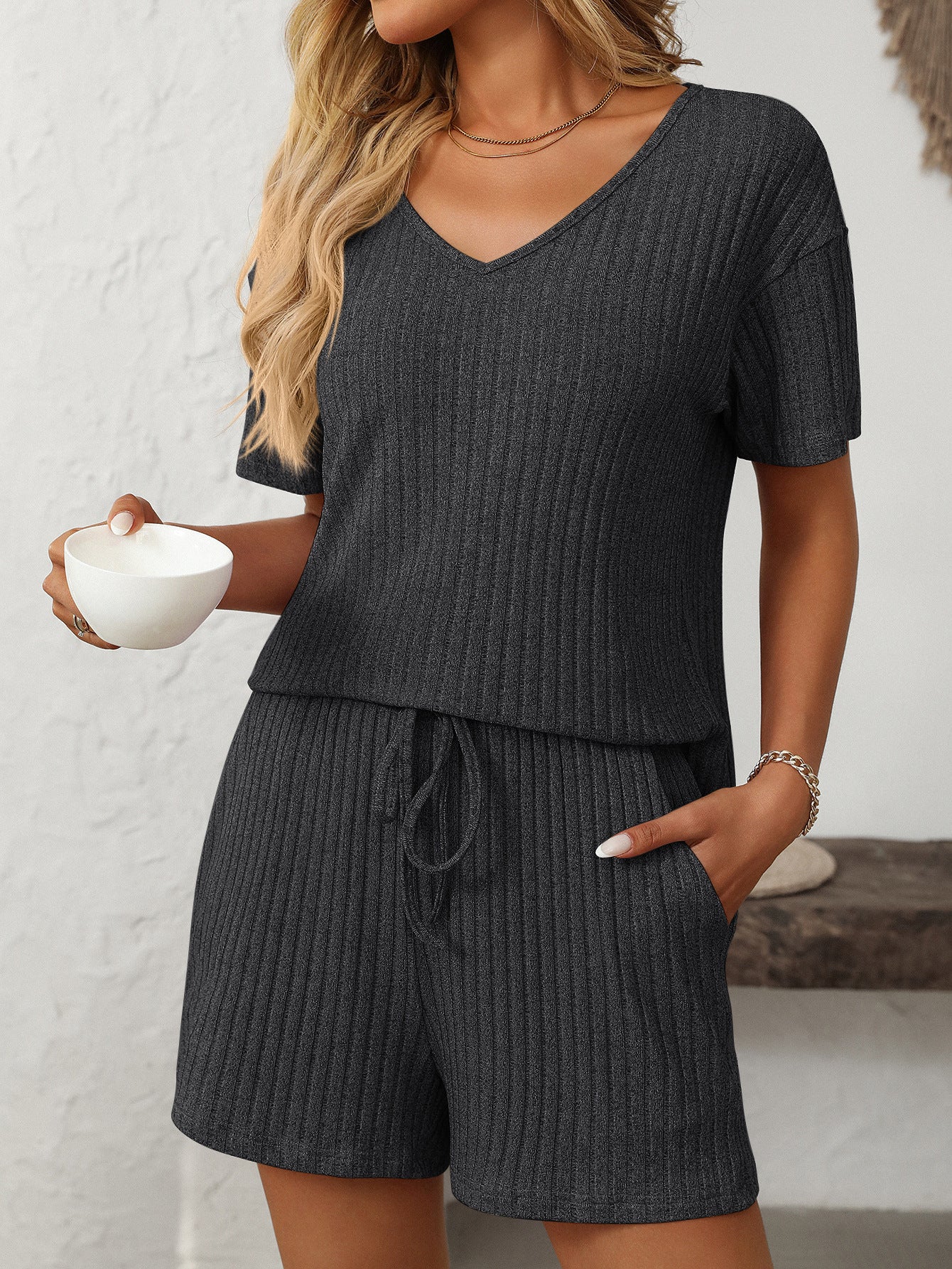 Solid Color Short-Sleeve Pajama Set