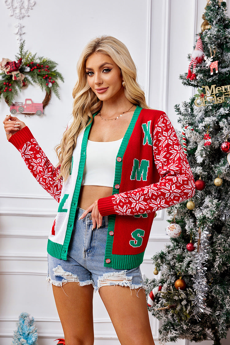 Red V Neck Letter Knit Christmas Cardigan Sweater