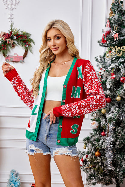 Red V Neck Letter Knit Christmas Cardigan Sweater