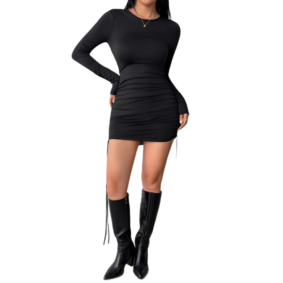 Ruched Long Sleeve Bodycon Mini Dress with Drawstring