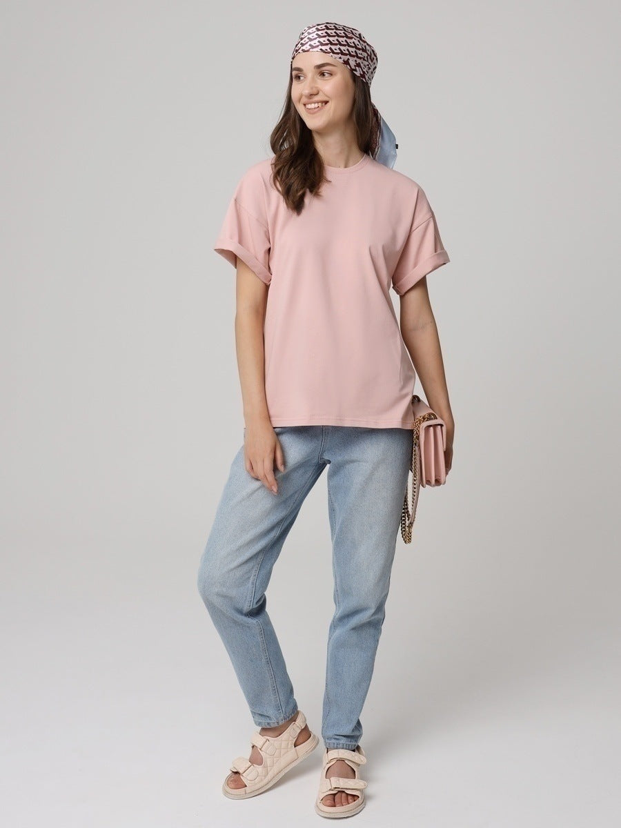 Solid Cotton T Shirt Loose Fit Crewneck Casual Top