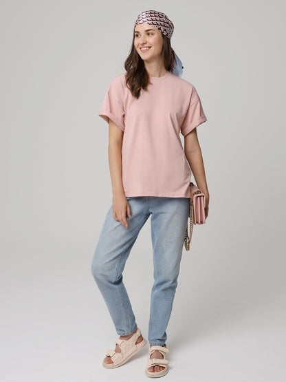 Solid Cotton T Shirt Loose Fit Crewneck Casual Top