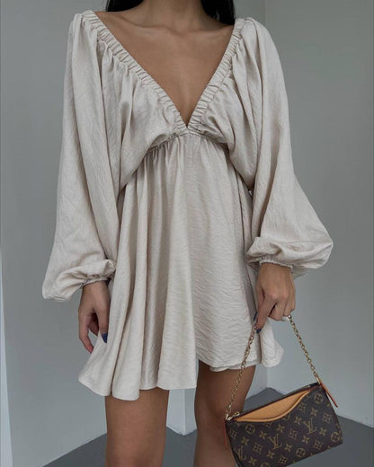 Women's V Neck Puff Sleeve Ruched Mini Flare Dress