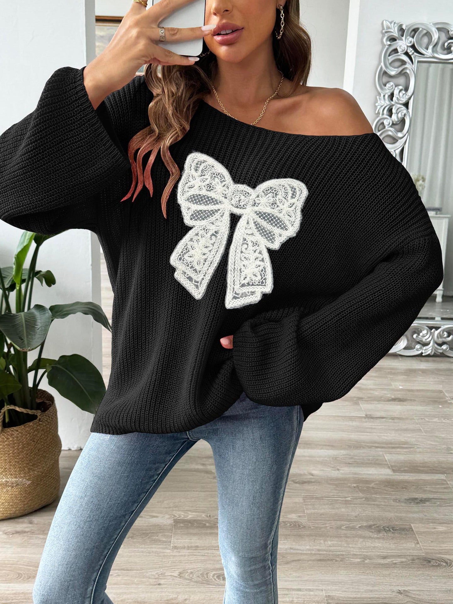 Women’s Lace Bow Applique Waffle Knit Bell Sleeve Top