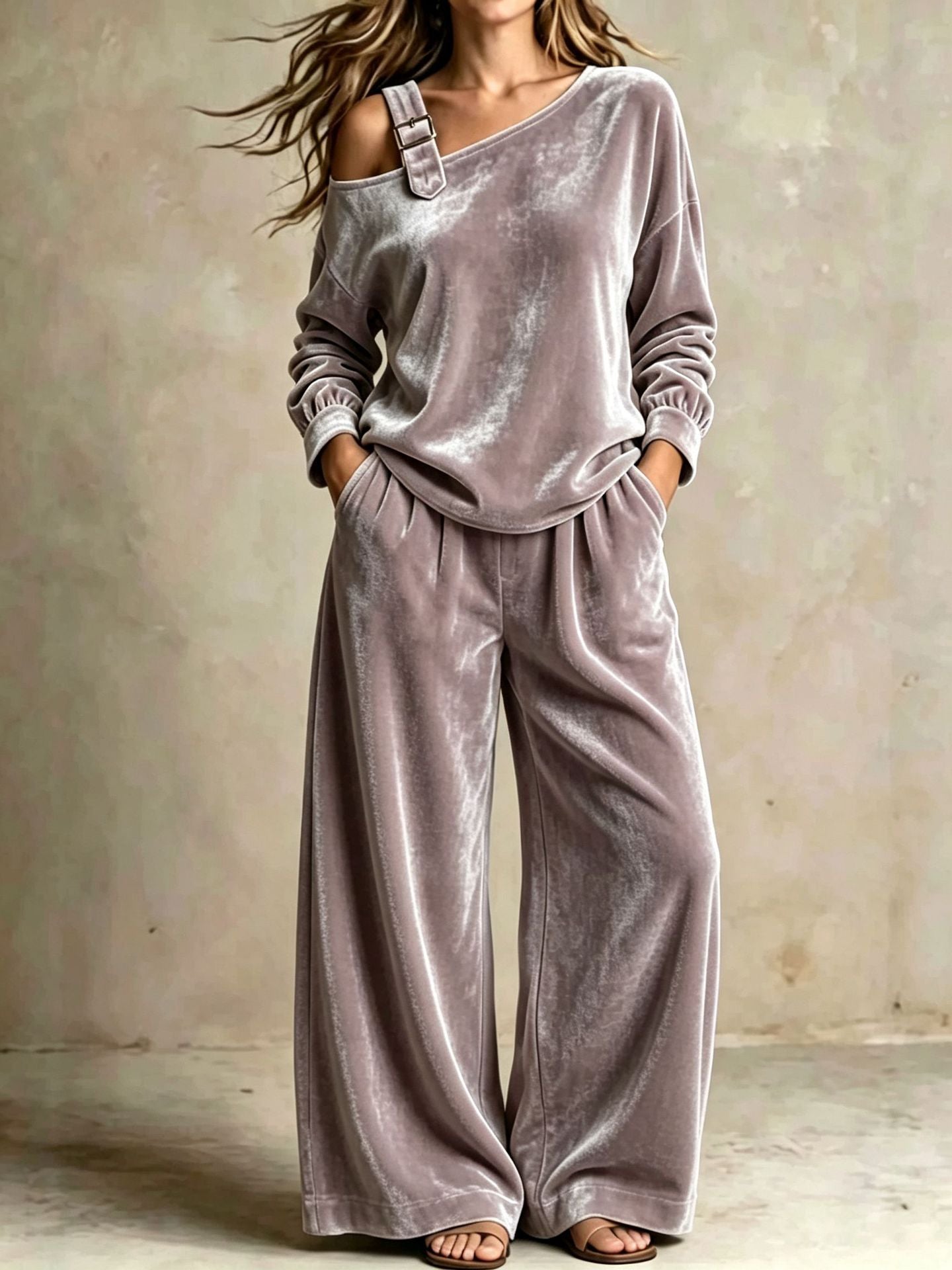 Women's Velvet One Shoulder Two Piece Set Wide Leg Pants