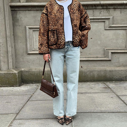 Vintage Leopard Print Autumn Spice Girl Crew Neck Short Jacket