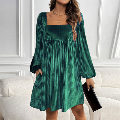 Velvet Babydoll Mini Dress Square Neck Holiday Party Dress