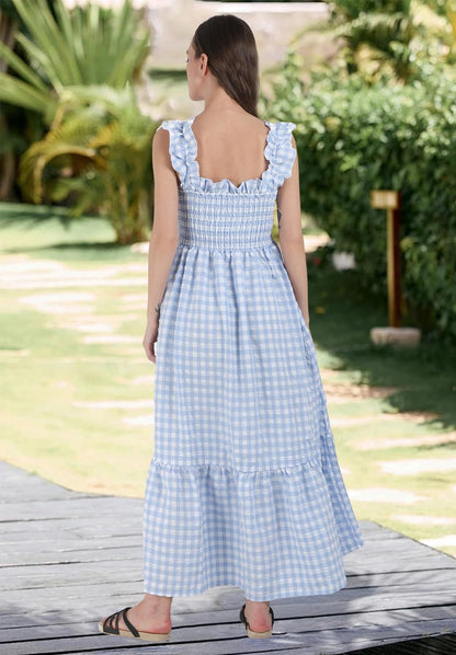 Gingham Smocked Maxi Dress Square Neck Ruffle Sleeve