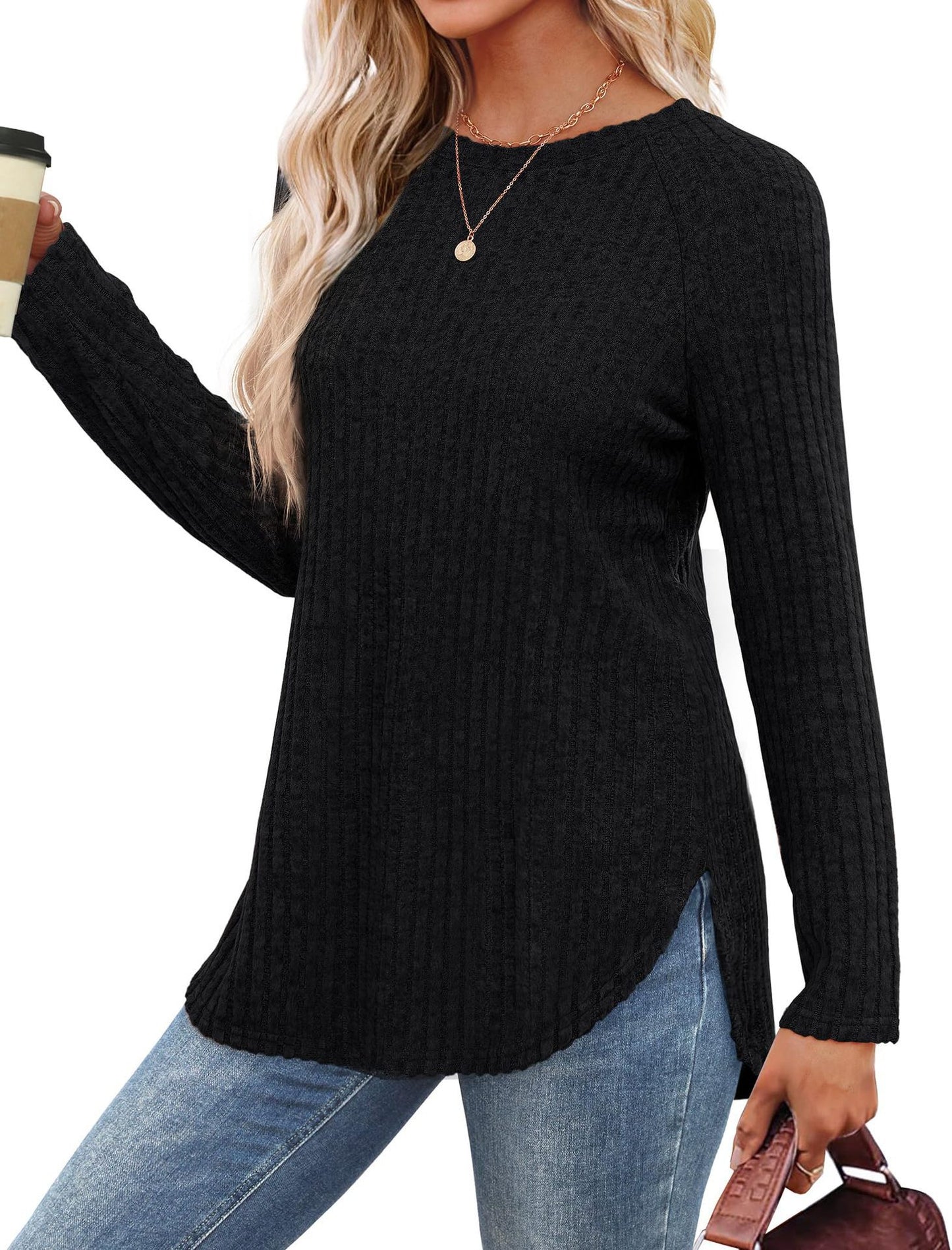 Women's Ribbed Brushed Long Sleeve Crew Neck Curved Hem Top