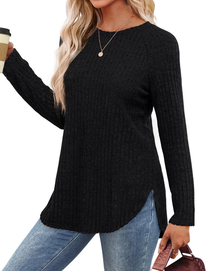 Women's Ribbed Brushed Long Sleeve Crew Neck Curved Hem Top