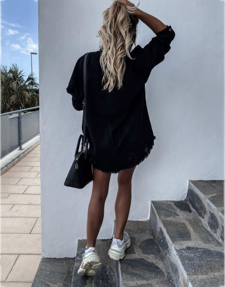 Distressed Denim Jacket Mid-Length Long Sleeve Vintage Style
