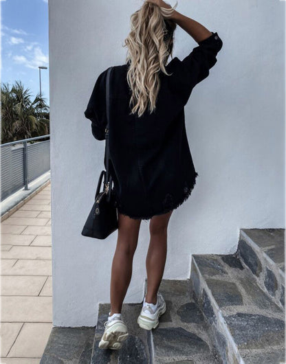 Distressed Denim Jacket Mid-Length Long Sleeve Vintage Style