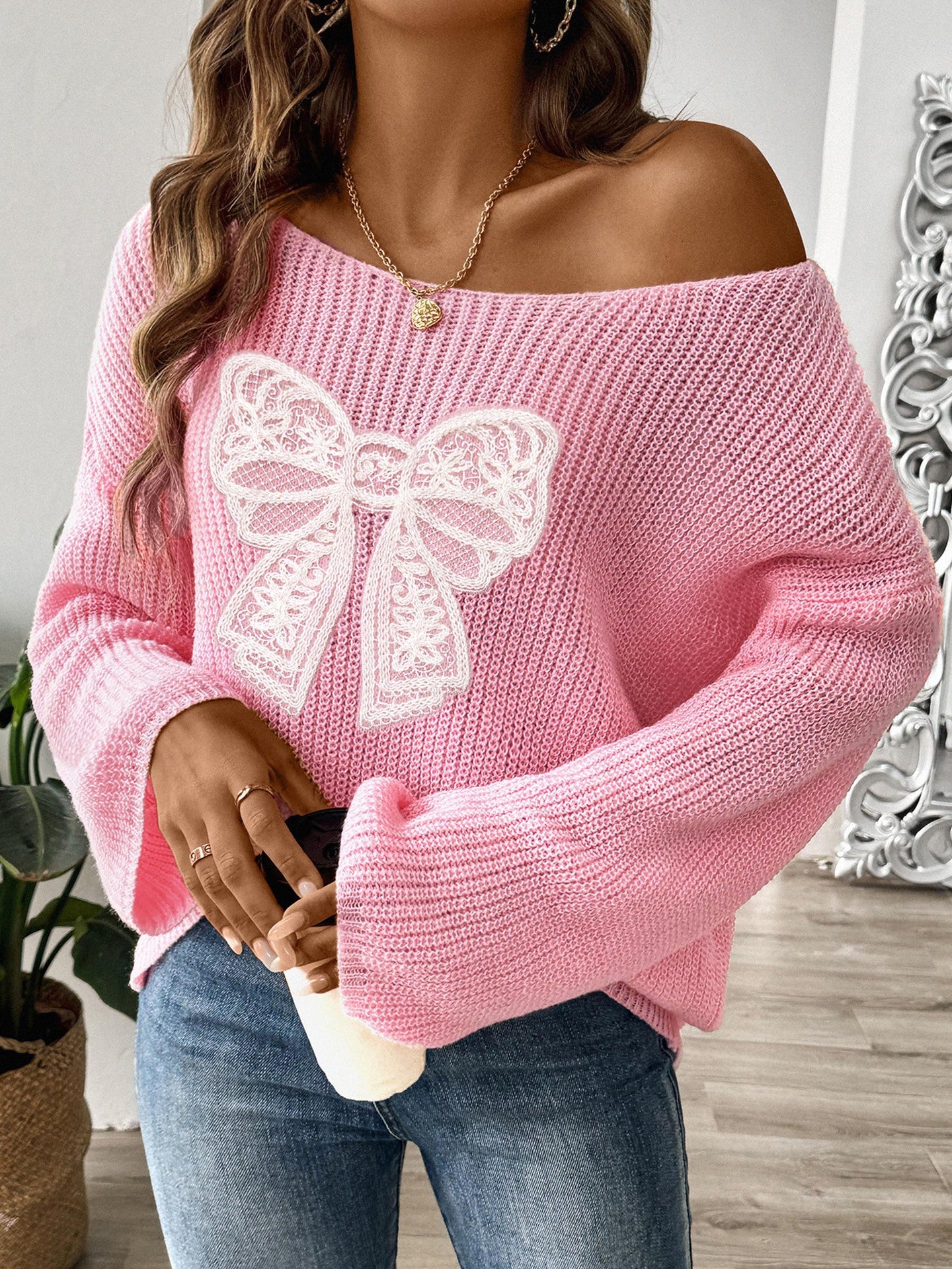 Women’s Lace Bow Applique Waffle Knit Bell Sleeve Top