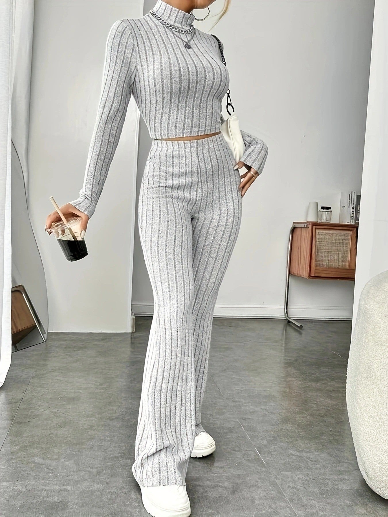Women's Ribbed Knit Crop Top & Flare Pants Matching Set