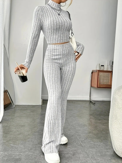 Women's Ribbed Knit Crop Top & Flare Pants Matching Set