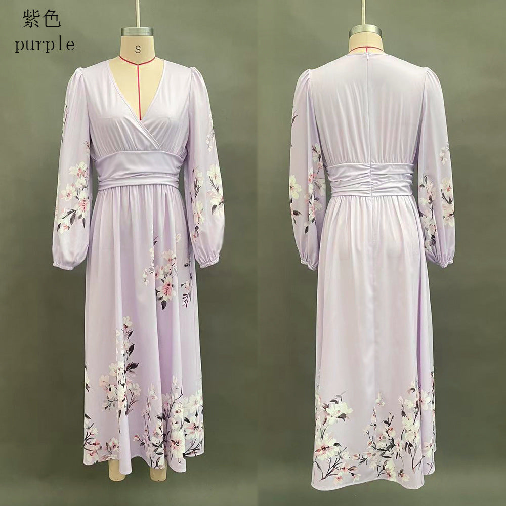 Floral V Neck Pleated Long Sleeve Maxi Dress