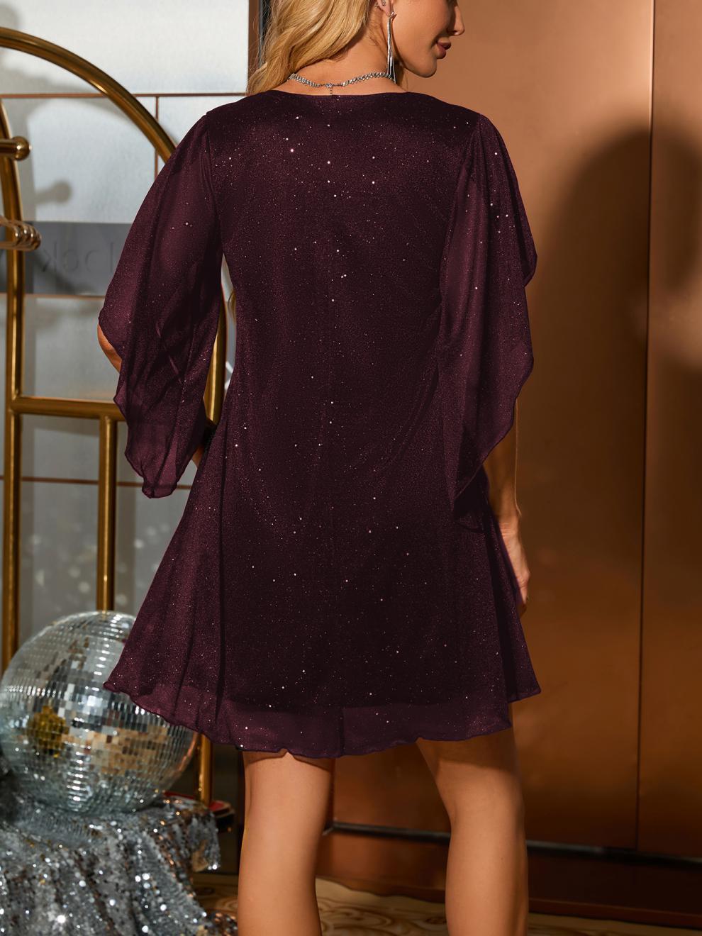 Women's Glitter V-Neck Cape Sleeve Party Mini Dress