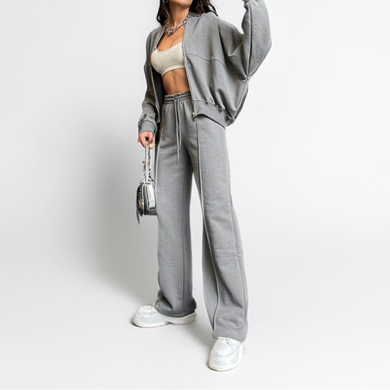 Solid Two Piece Lounge Set Zip Sweatshirt Wide Leg Pants