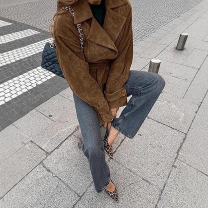 Women's Cropped Faux Suede Jacket Double Breasted Tie