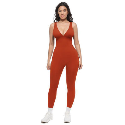 Ribbed V-Neck Seamless Yoga Jumpsuit High Waist