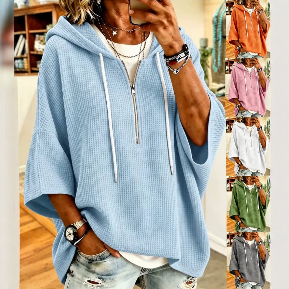 Women's Oversized Waffle Knit Half Zip Batwing Hoodie