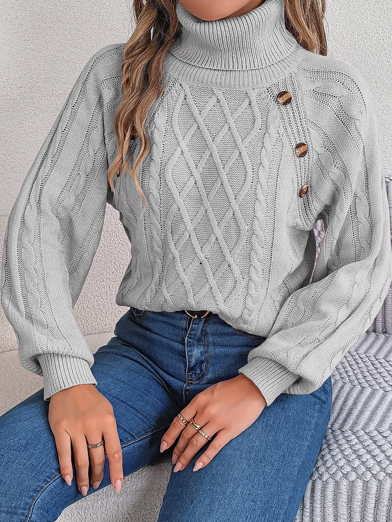 2025 Fall Winter Buttoned Cable Knit Turtleneck Sweater