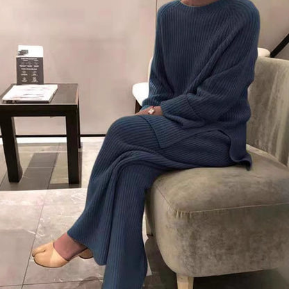 Women's Ribbed Knit Sweater Wide Leg Pants Set
