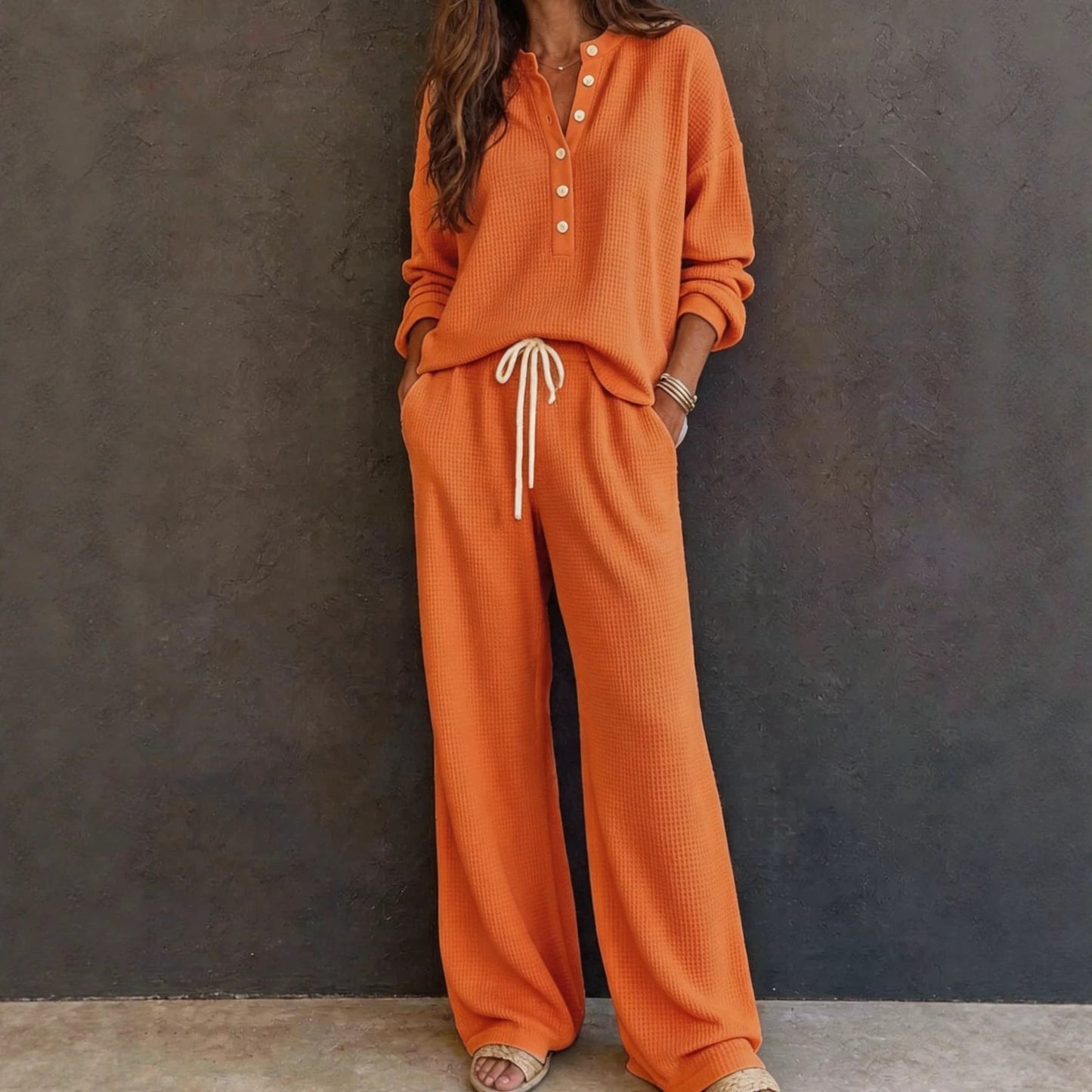 Waffle Knit Two Piece Lounge Set Wide Leg Pants