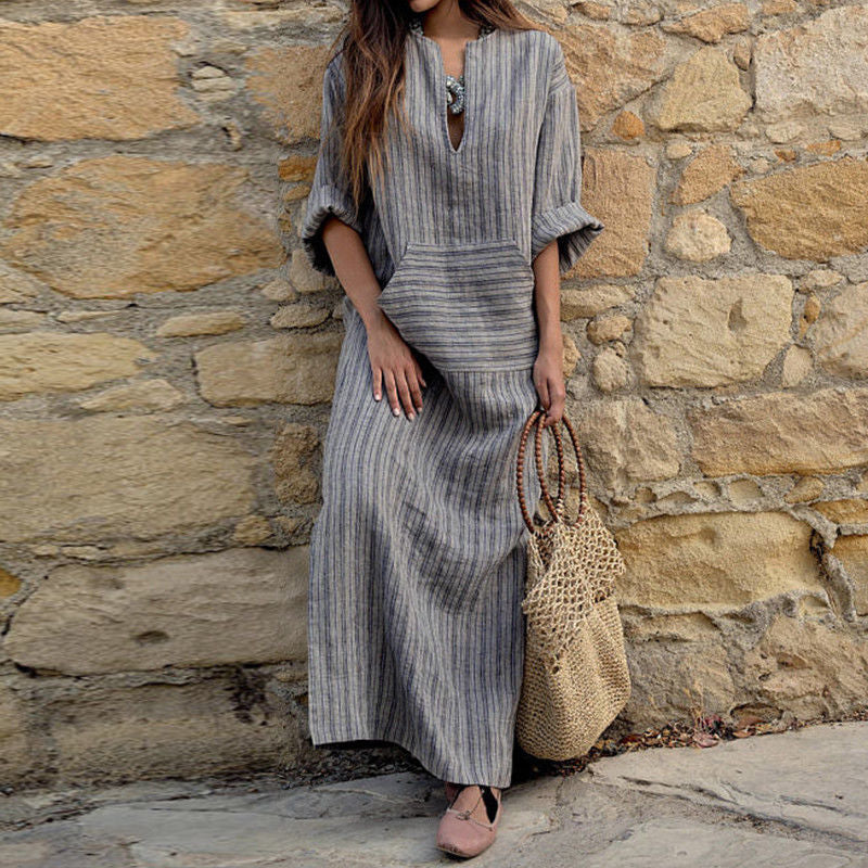 Women Striped Cotton Linen Maxi Dress Casual Loose Pockets