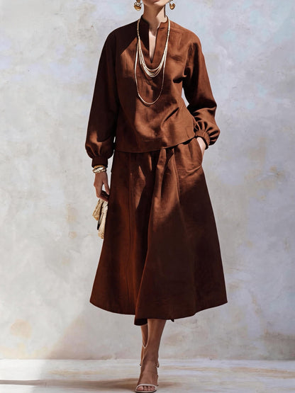 Women's Elegant V Neck Knit Top Midi Skirt Two Piece Set
