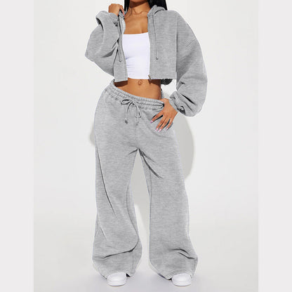 Women's Two Piece Crop Zip Hoodie Wide Leg Sweatpants Set