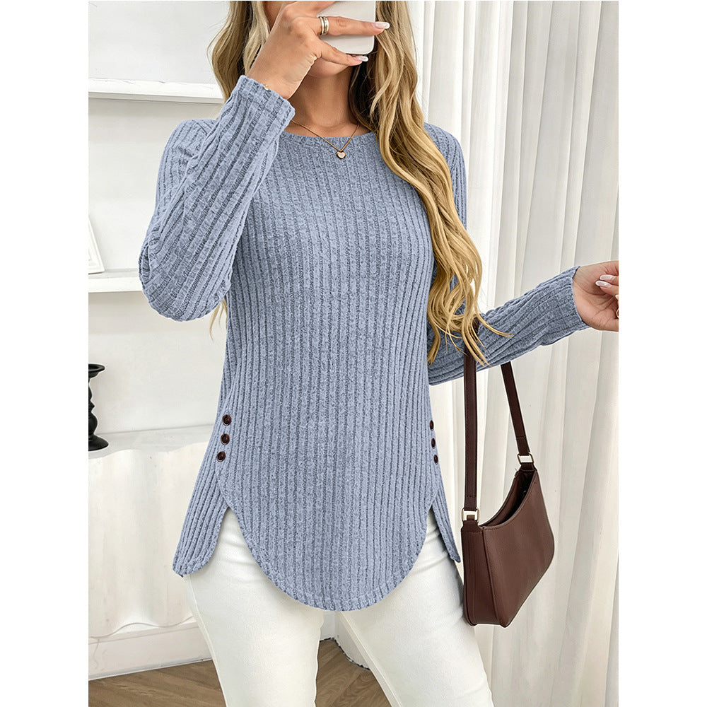 Ribbed Brushed Knit Button Side Long Sleeve Top