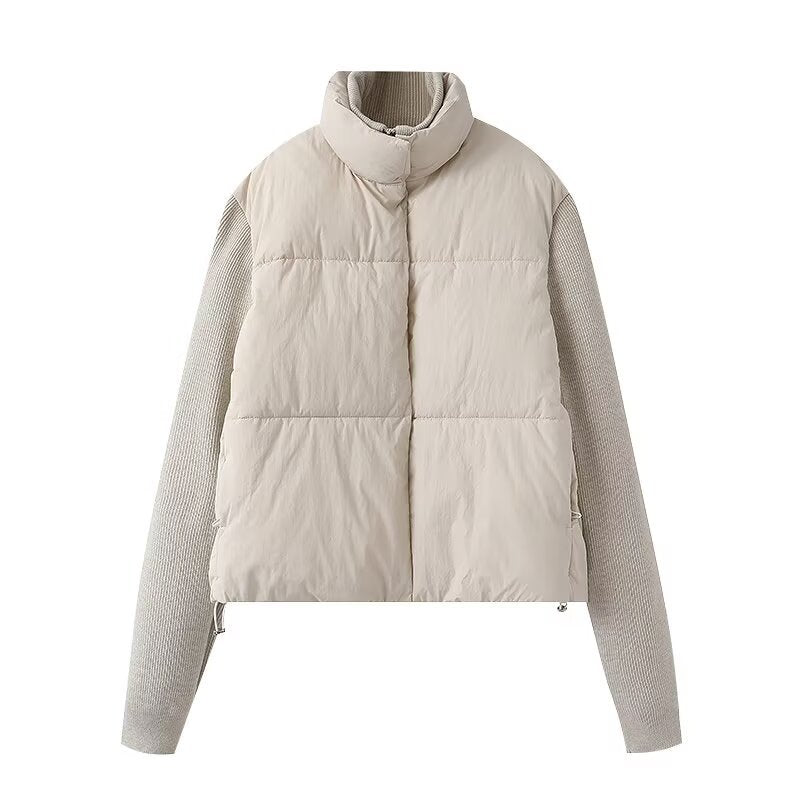 Women's Puffer Jacket Knit Sleeves Stand Collar Zip