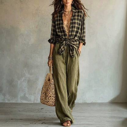 Women's Plaid Shirt & Wide Leg Pants Matching Set