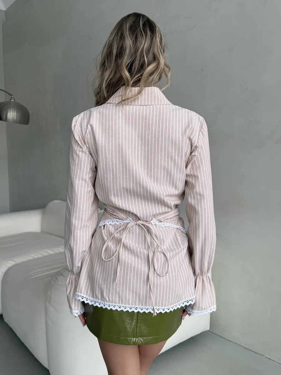 Striped Wrap Shirt with Lace Trim Long Sleeves