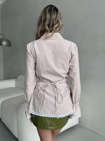 Striped Wrap Shirt with Lace Trim Long Sleeves