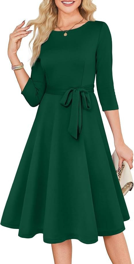 Womens A-Line Cocktail Dress 3/4 Sleeve Wedding Guest Midi