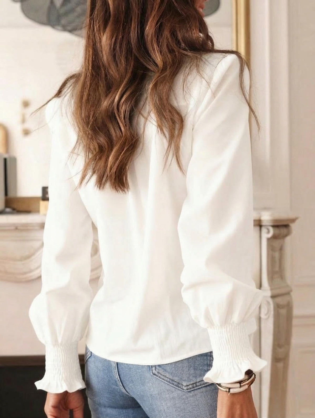 White Floral Embroidered Long Sleeve Button Up Blouse