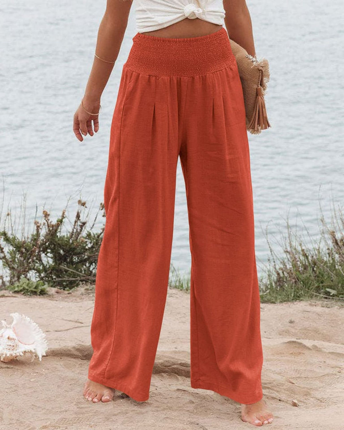 Women's Smocked High Waist Wide Leg Cotton Pants Pockets