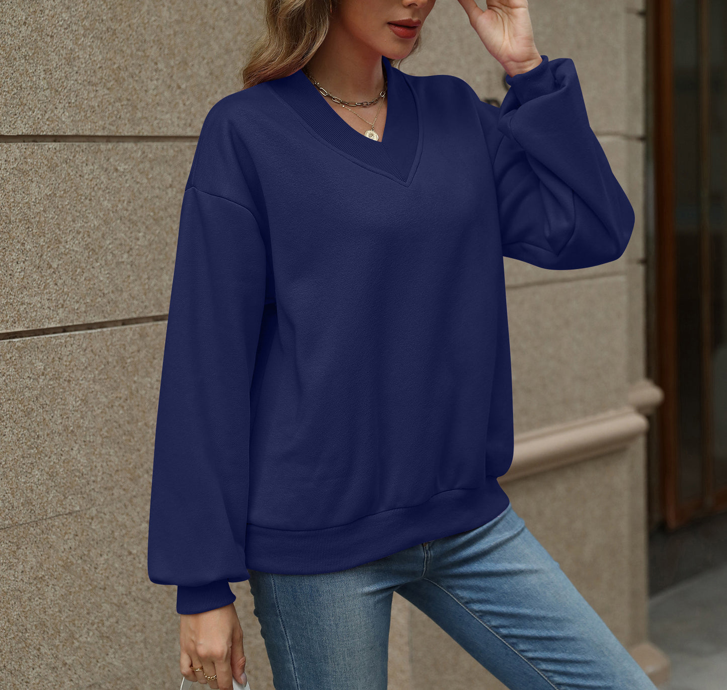 Colorblock V Neck Fleece Sweatshirt Women Casual Pullover Top