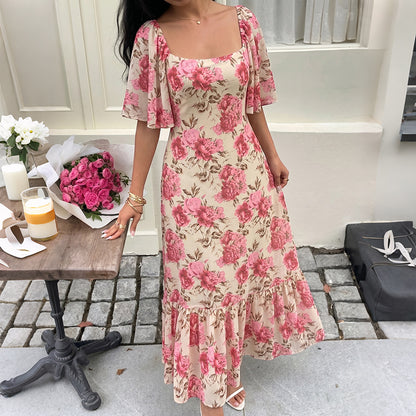 Floral Square Neck Maxi Dress Flutter Sleeve Cottagecore