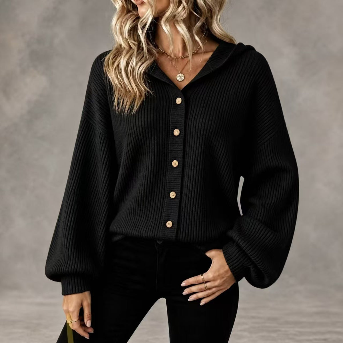Womens Hooded Ribbed Cardigan Button Front Knit Sweater