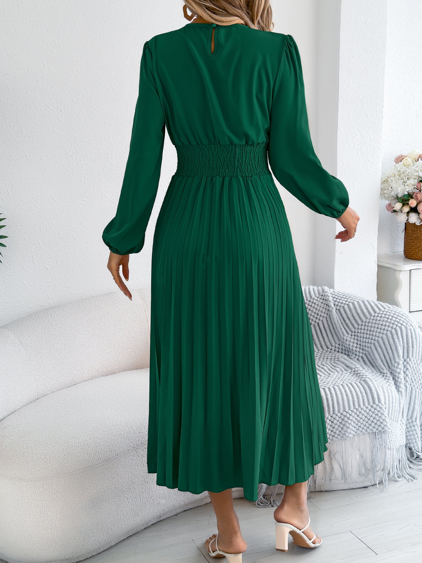 Pleated Maxi Dress Smocked Waist Long Sleeve Midi Dress