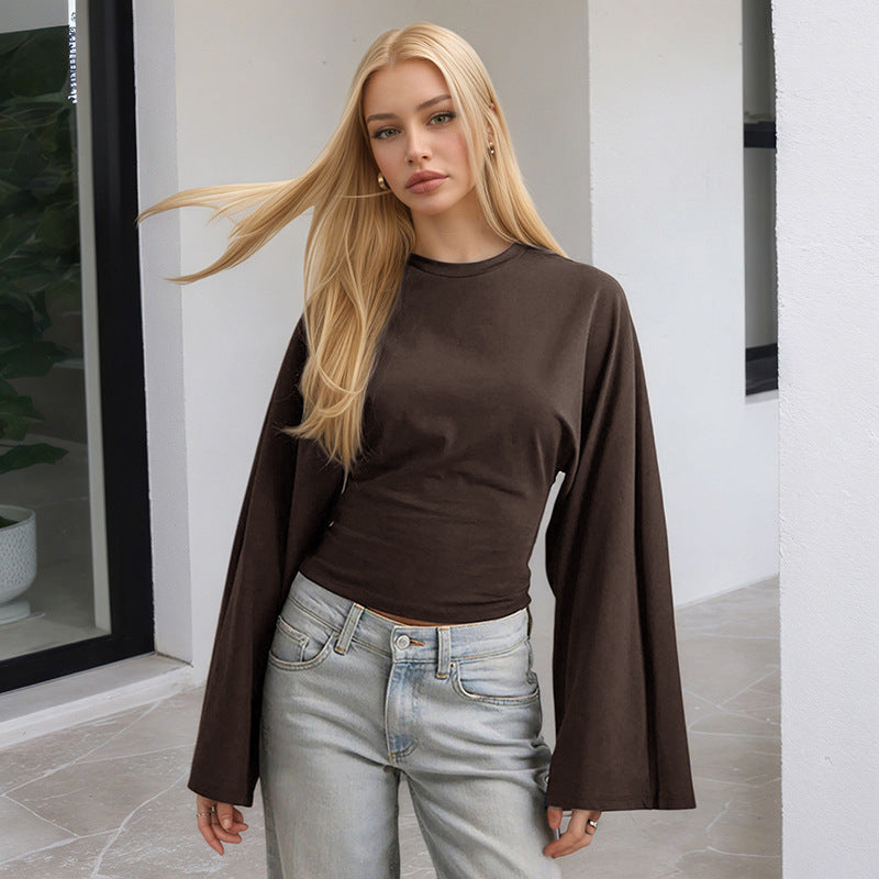 Women's Crew Neck Bell Sleeve Cinched Waist Long Sleeve Top