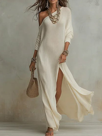 Women's One Shoulder Long Sleeve Side Slit Knit Maxi Dress