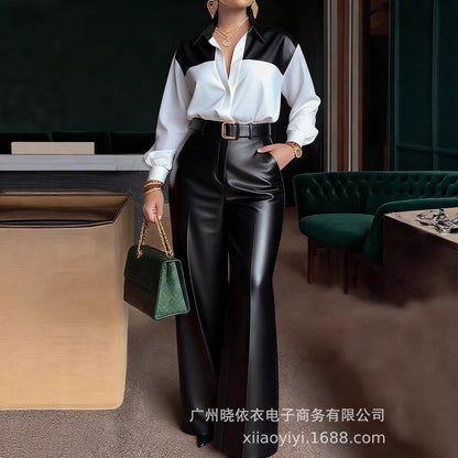 Color Block Shirt Faux Leather Wide Leg Pants Belted Set