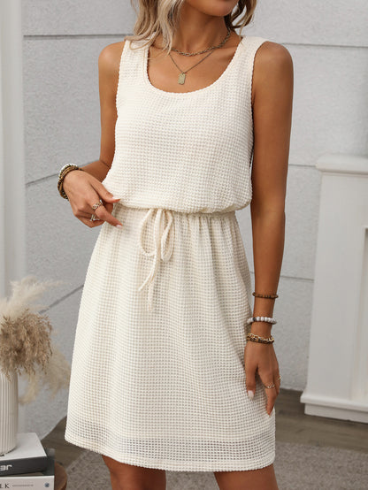 Waffle Knit Sleeveless Drawstring Waist Mini Dress