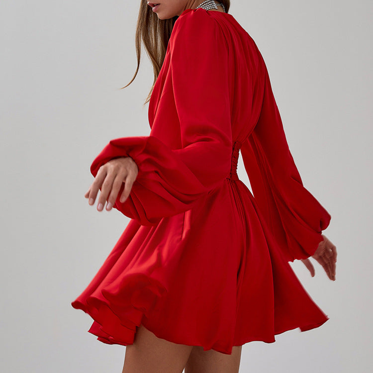 Satin V-Neck Puff Sleeve Belted A-Line Mini Dress